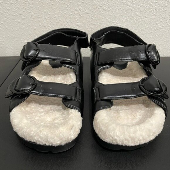 Zara Faux Leather Sherpa Buckle Sandals Chic Cozy Neutral Chunky Black White - Picture 5 of 12